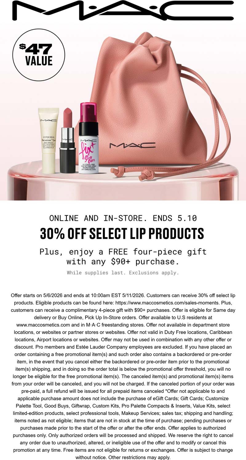 30% off lip products + free 4pc on $90 at MAC cosmetics, ditto on