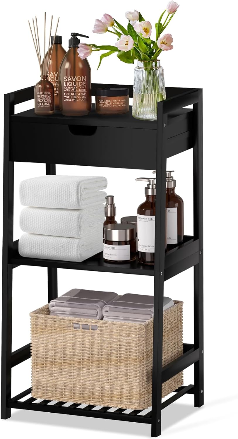 POXAKA 3 Tier Bamboo Bathroom Shelves with Drawer, Ladder Sh deal at Amazon