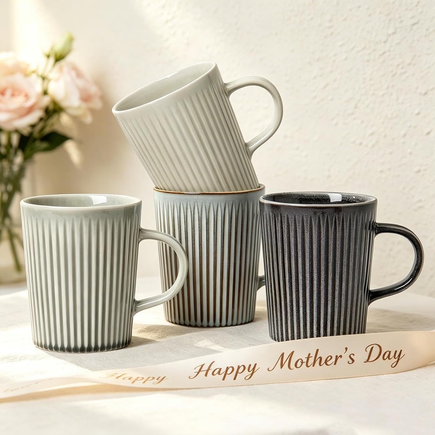 ALOFMO Coffee Mugs Set of 4 Modern Striped Stoneware Coffee  deal at Amazon
