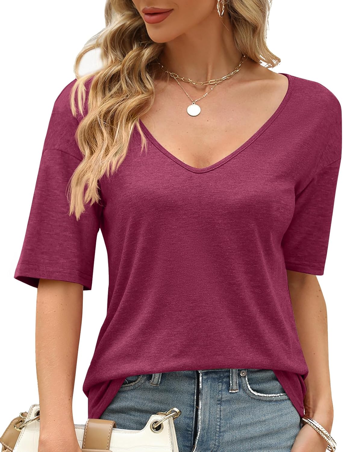 Sherosa V Neck T Shirts for Women Loose Fit Soft Tops Basic  deal at Amazon