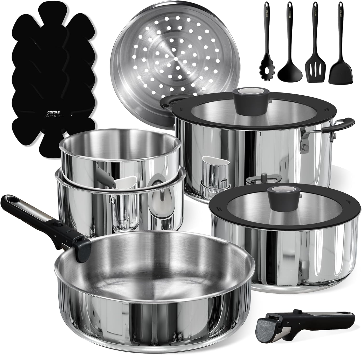 CAROTE 18pcs Stainless Steel Cookware Set with Detachable Ha deal at Amazon