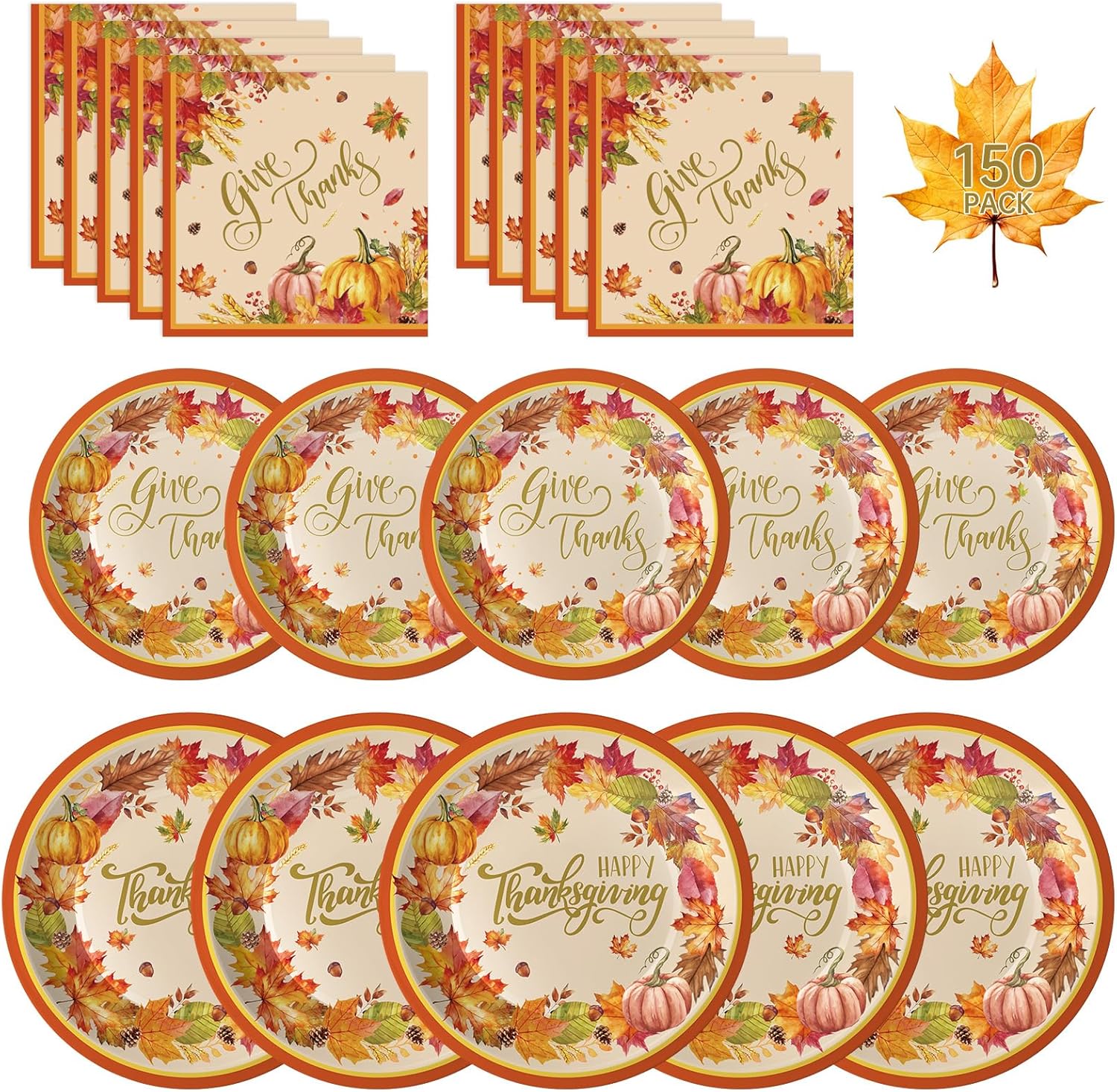 150 Pack Happy Thanksgiving Plates and Napkins Sets - Dispos deal at Amazon