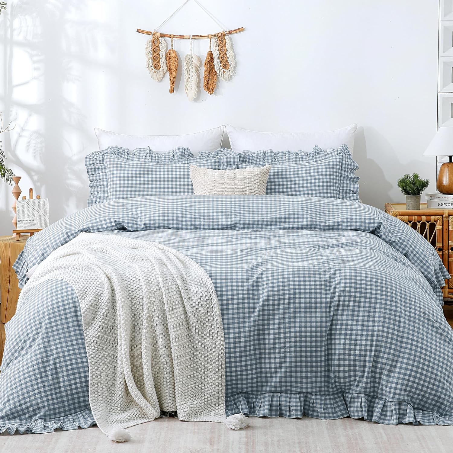 TOCOMOA Blue Gingham Duvet Cover Bedding Set 100% Washed Cot deal at Amazon