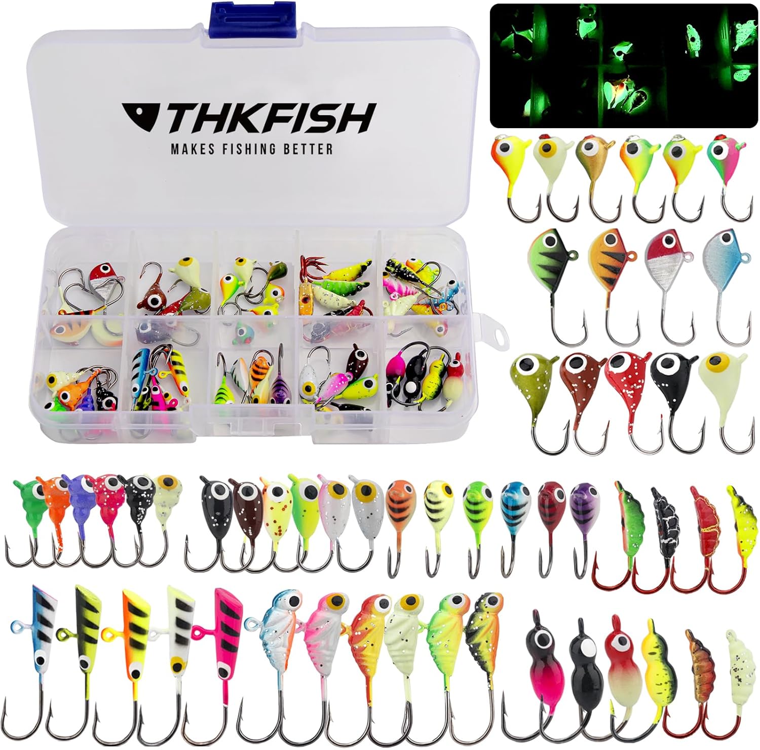 THKFISH Ice Fishing Jigs 54pcs Glow Ice Fishing Lures, Walle deal at Amazon