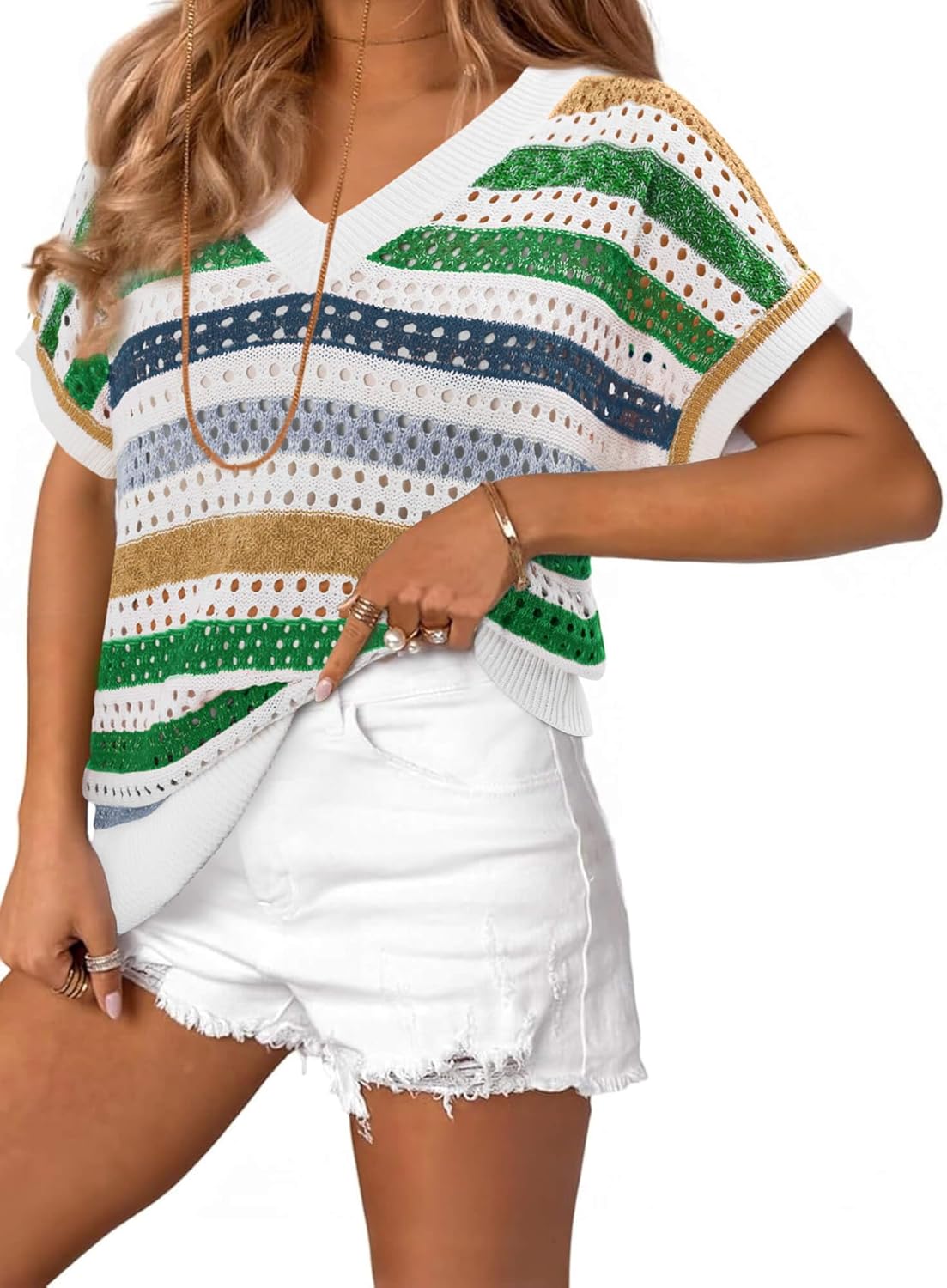 ONLYSHE Womens Summer Trendy Dressy V Neck Striped Short Sle deal at Amazon