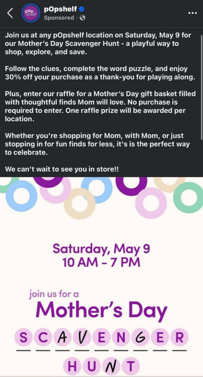 pOpshelf Mother's Day Scavenger Hunt on May 9th