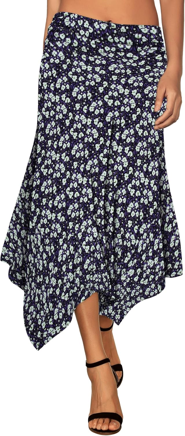 DJT Women's Casual Ruched Waist Handkerchief Hem Flowy Midi  deal at Amazon