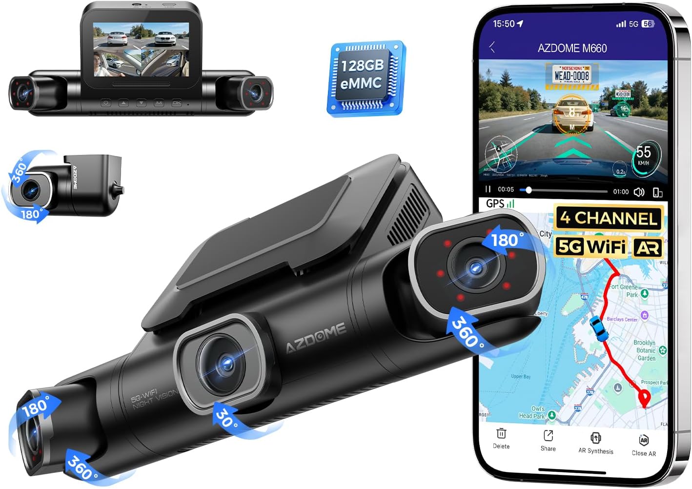 AZDOME 360° 4 Channel Dash Cam Front and Rear Inside, Built- deal at Amazon