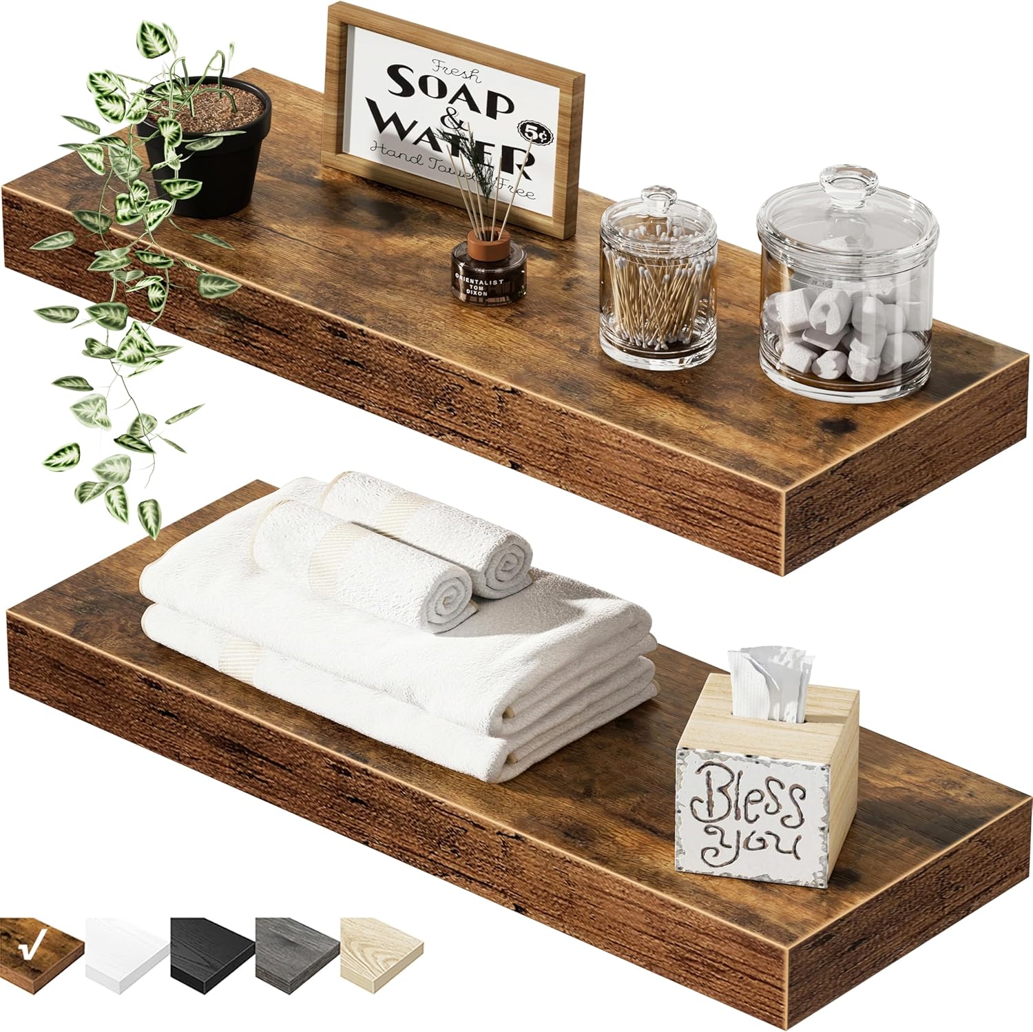 2 Rustic Brown Floating Shelves Only