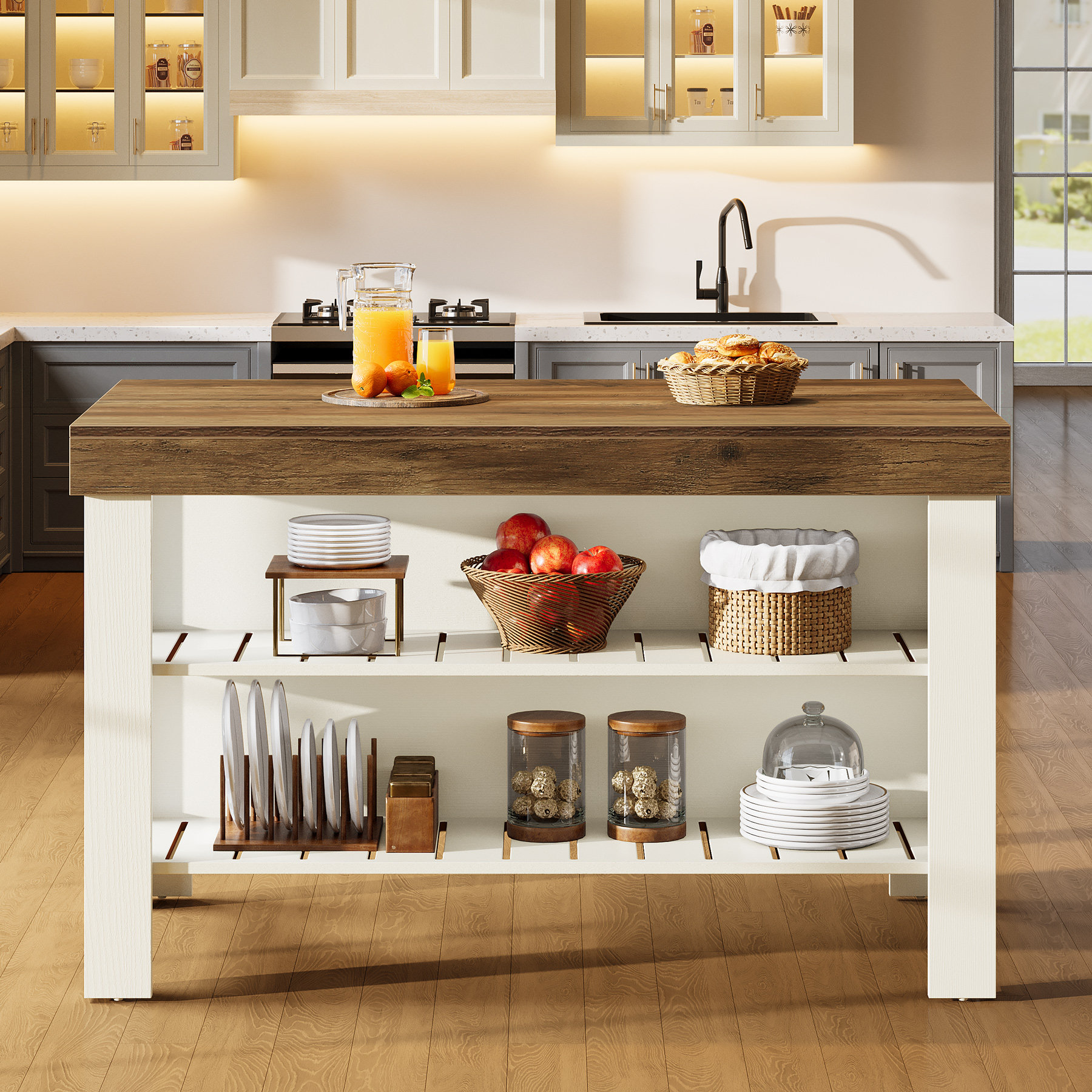 Gracie Oaks Kitchen Island with Storage Shelves for Kitchen & Dining Room at Wayfair