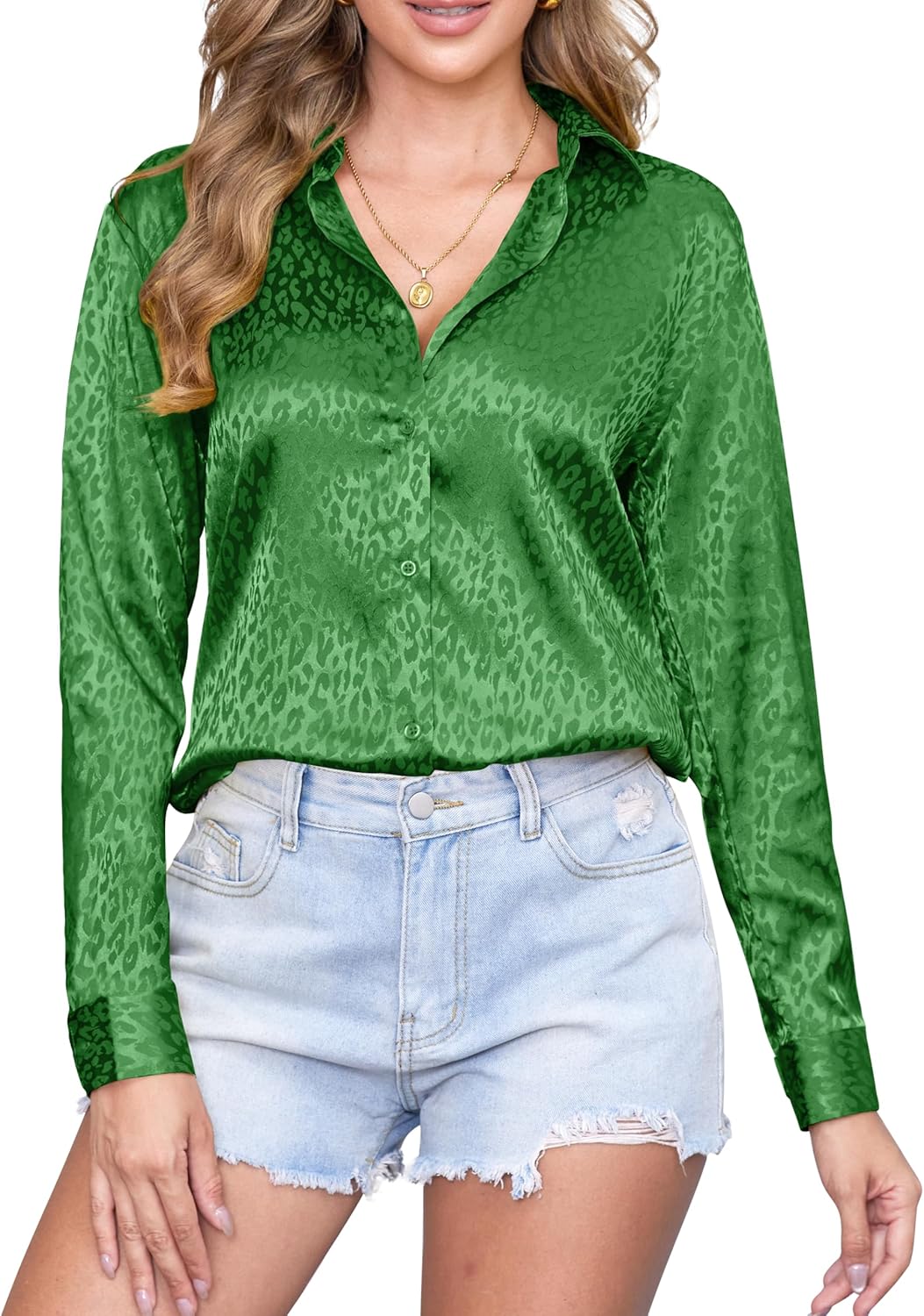 CUNLIN Green Button up Shirt Women Satin Leopard Print Tops  deal at Amazon