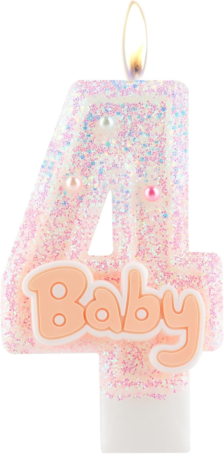 Pink Baby Birthday Number Candles, Birthday Candles for Cake, Glitter Number 4 Cake for $5.29 at Amazon