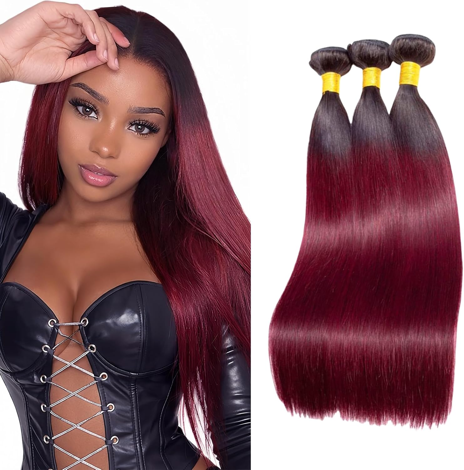 LUMWAV T1B/99J Straight Human Hair Bundles 24 26 28 Inch 3 B deal at Amazon