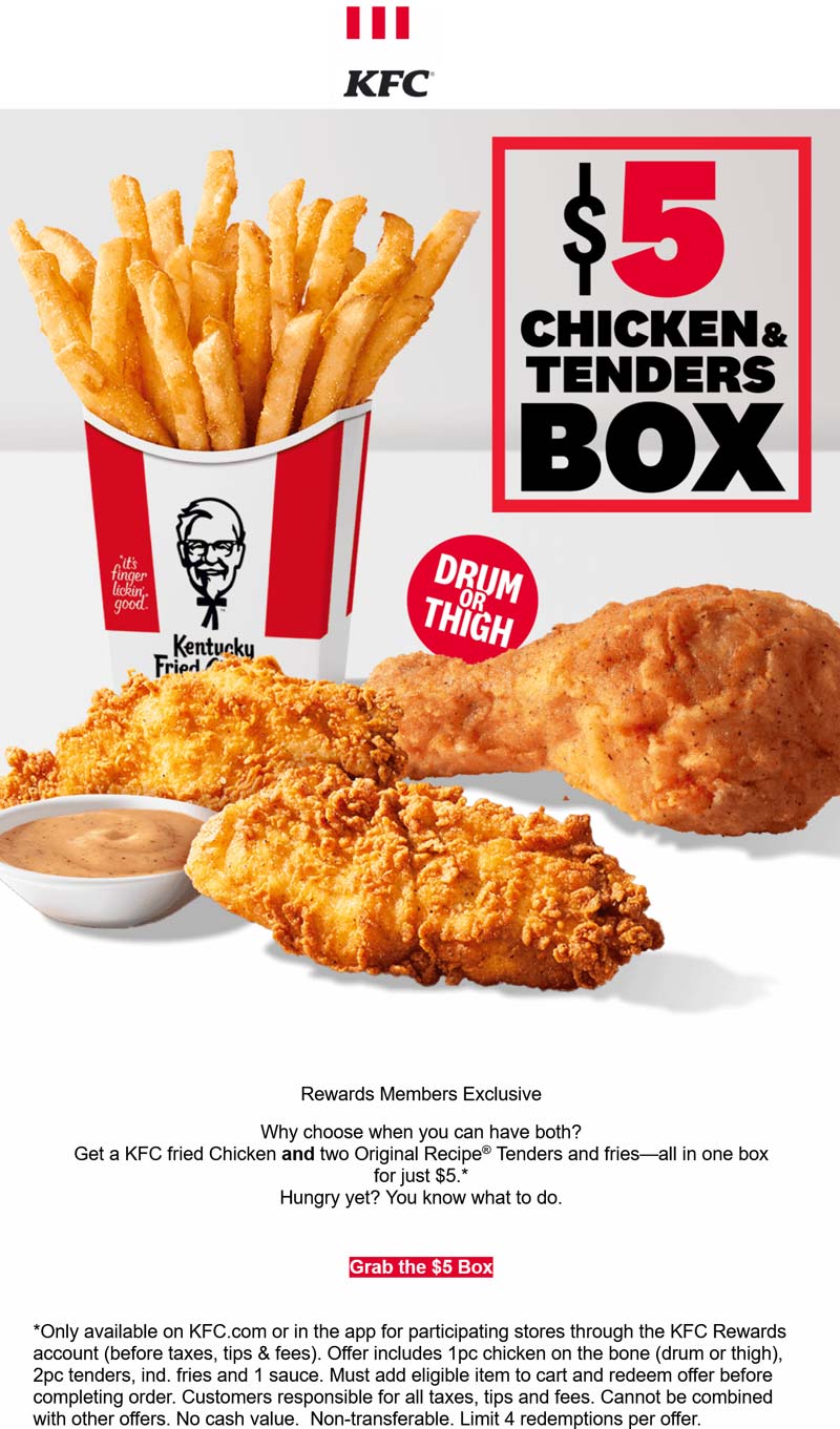 Drum or thigh + 2 chicken tenders + fries = deal at KFC