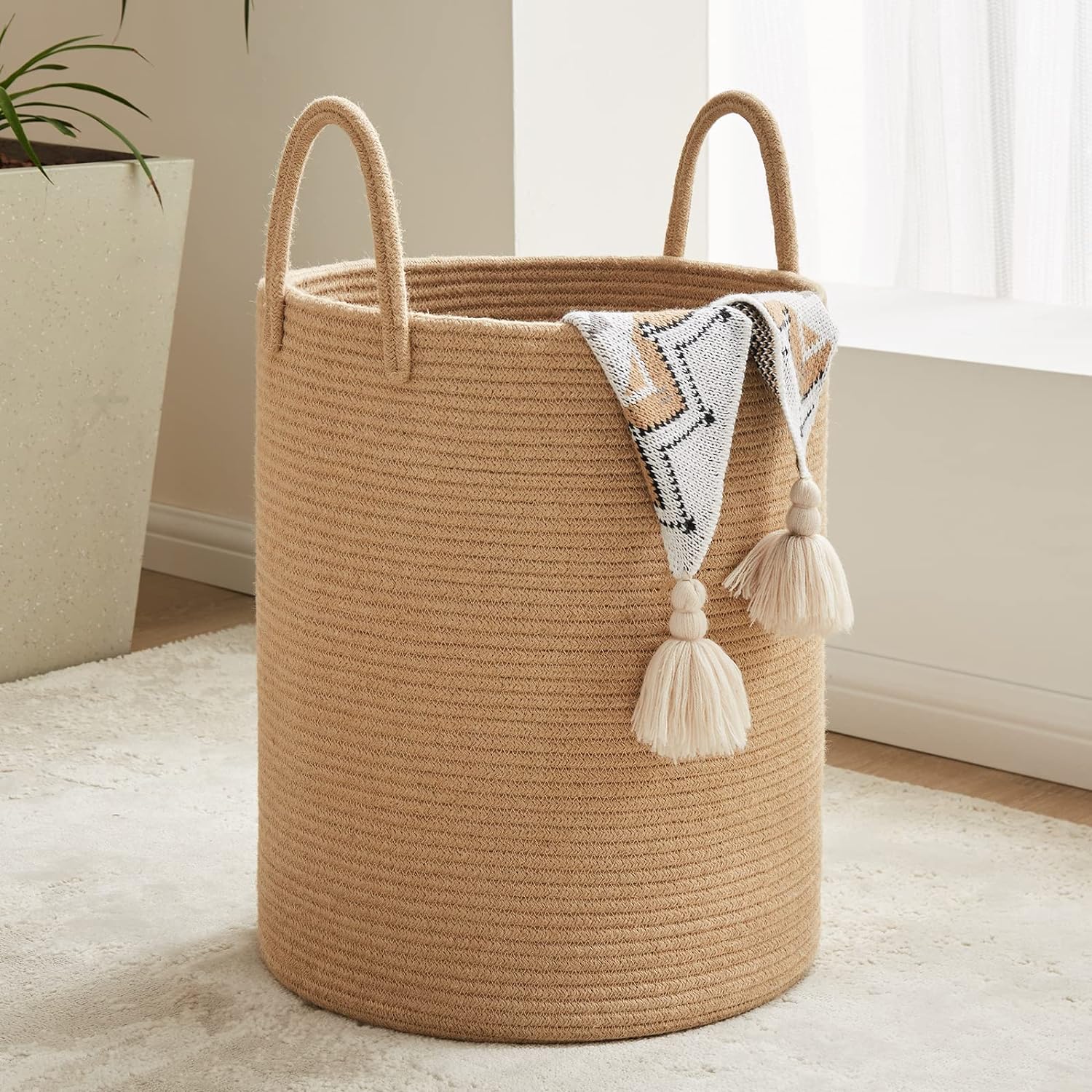 Jute Rope Laundry Hamper Basket, 58L Tall Laundry Basket for deal at Amazon