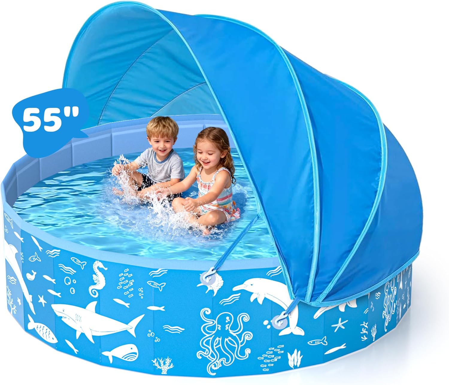 55” Extra Large Kiddie Pool with Canopy, EPN UPF 50+ Sun Shade Baby Pool, No Inflation Deal at Amazon