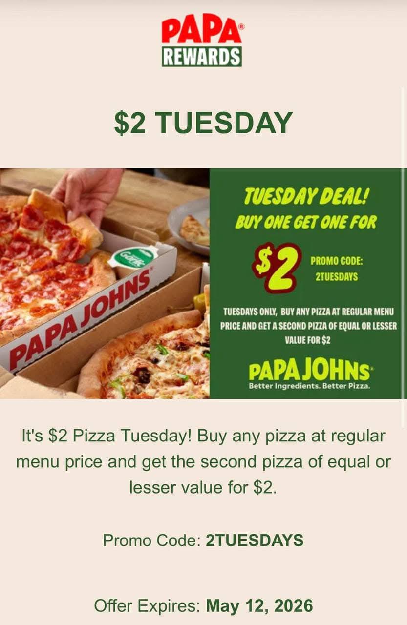 Papa John's $2 Pizza Tuesday Deal!