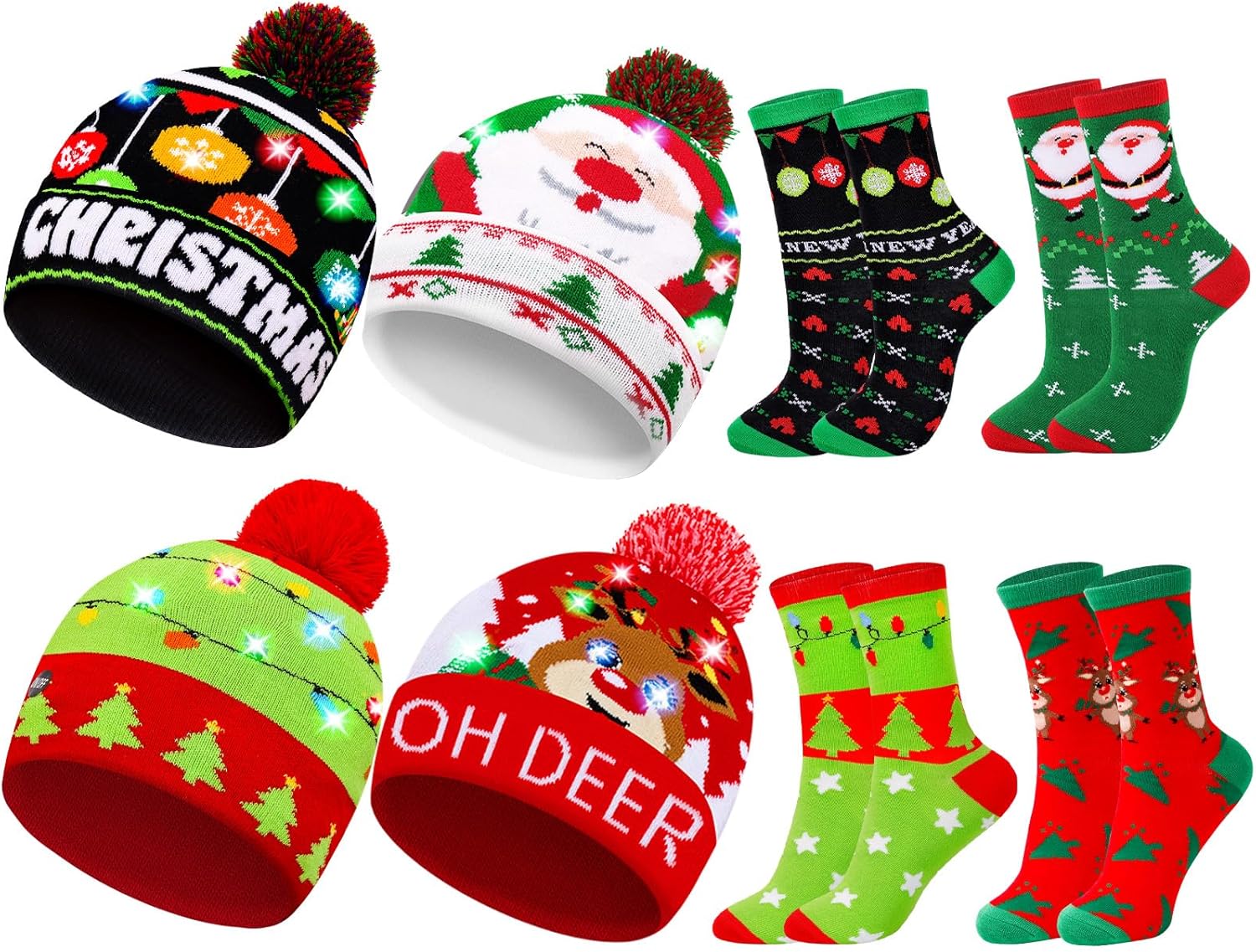 MGparty 8 Pack Christmas LED Beanie Hat and Socks Set Winter deal at Amazon