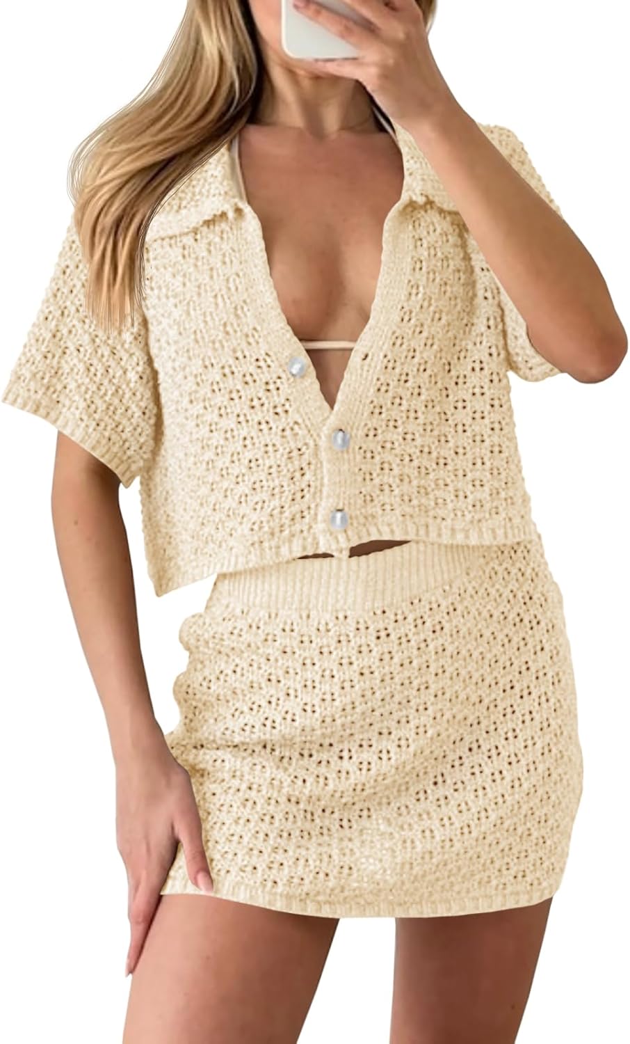 Saodimallsu Women 2 Piece Cover Up Set Crochet Beach Summer  deal at Amazon