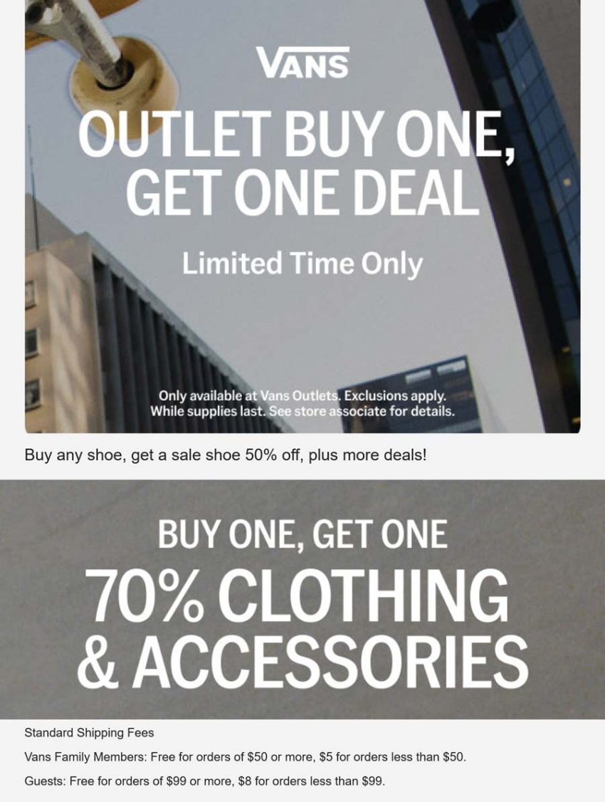 Second shoe 50% off & more at Vans Outlet, ditto online deal at Vans