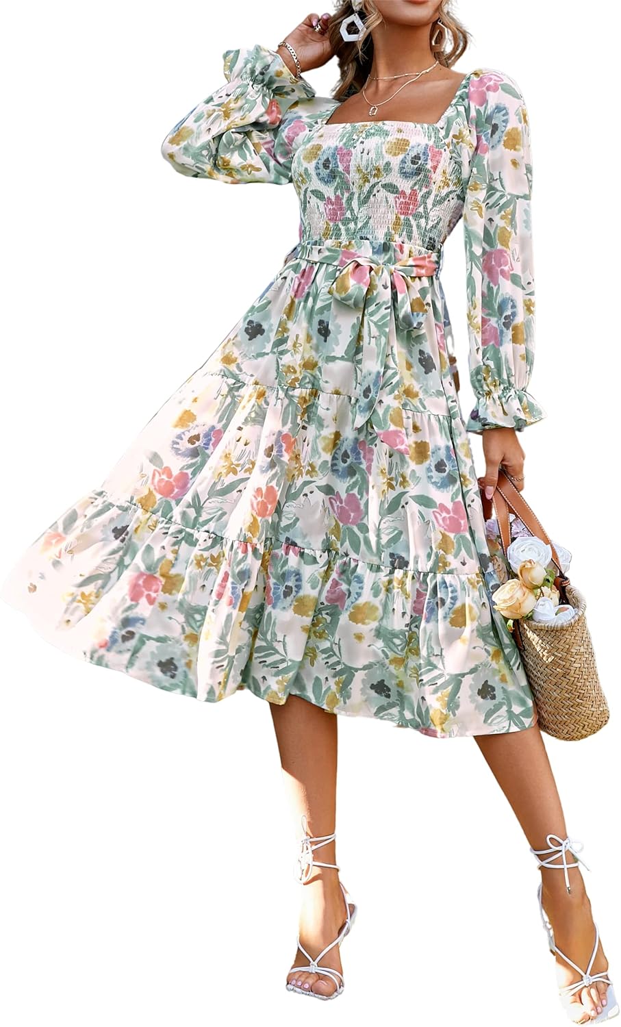 Glamaker Women's Boho Flowy Long Sleeve Floral Ruffle Smocke deal at Amazon