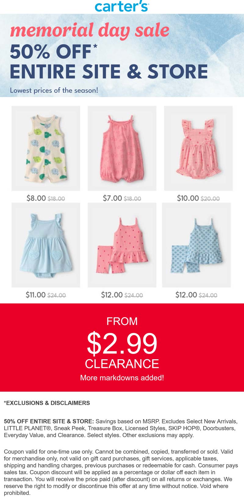 50% off everything at Carters, ditto online Deal at Forever 21
