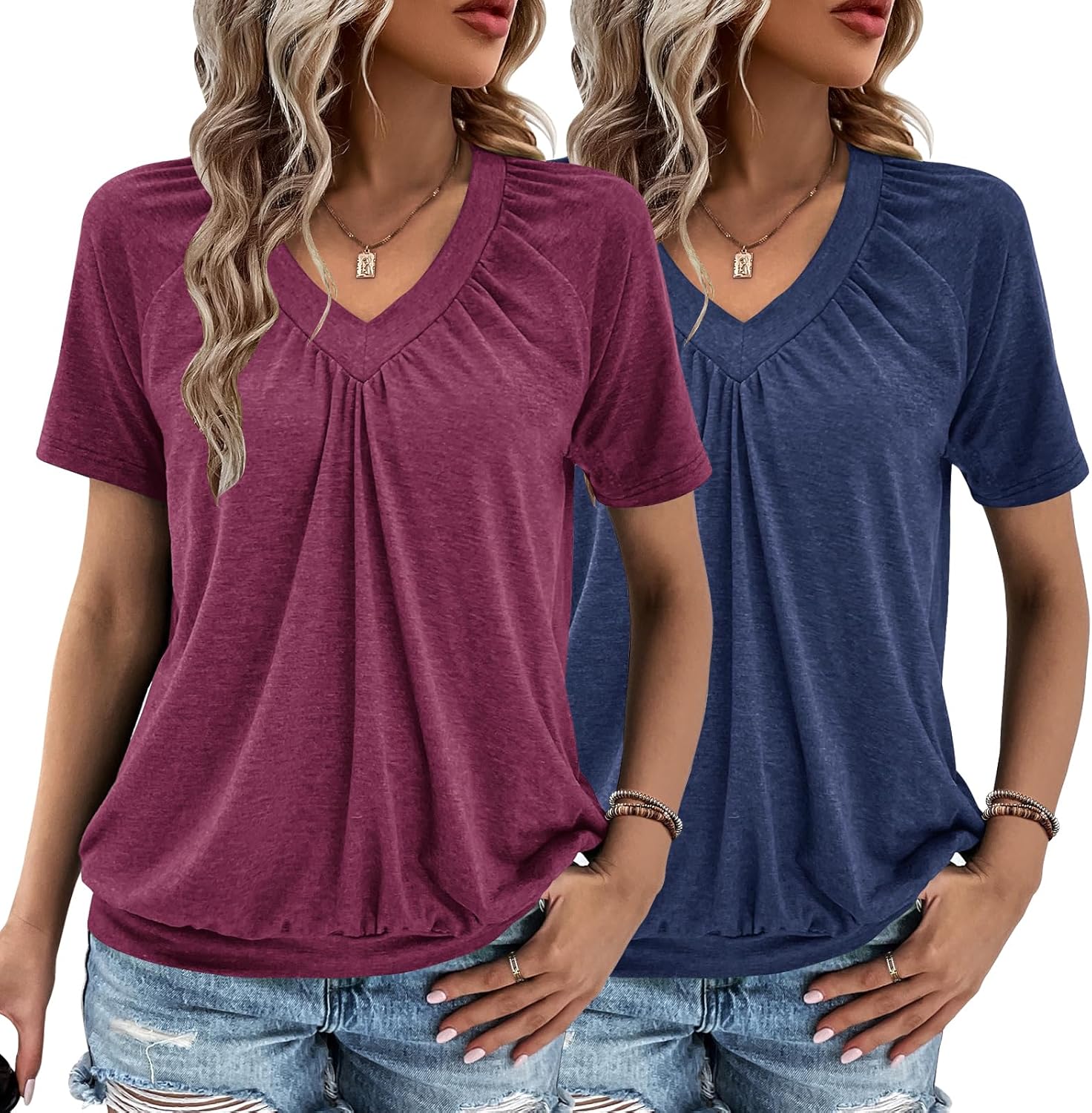 2 Pack Summer Tops for Women V Neck Shorts Sleeve Casual Ruc deal at Amazon