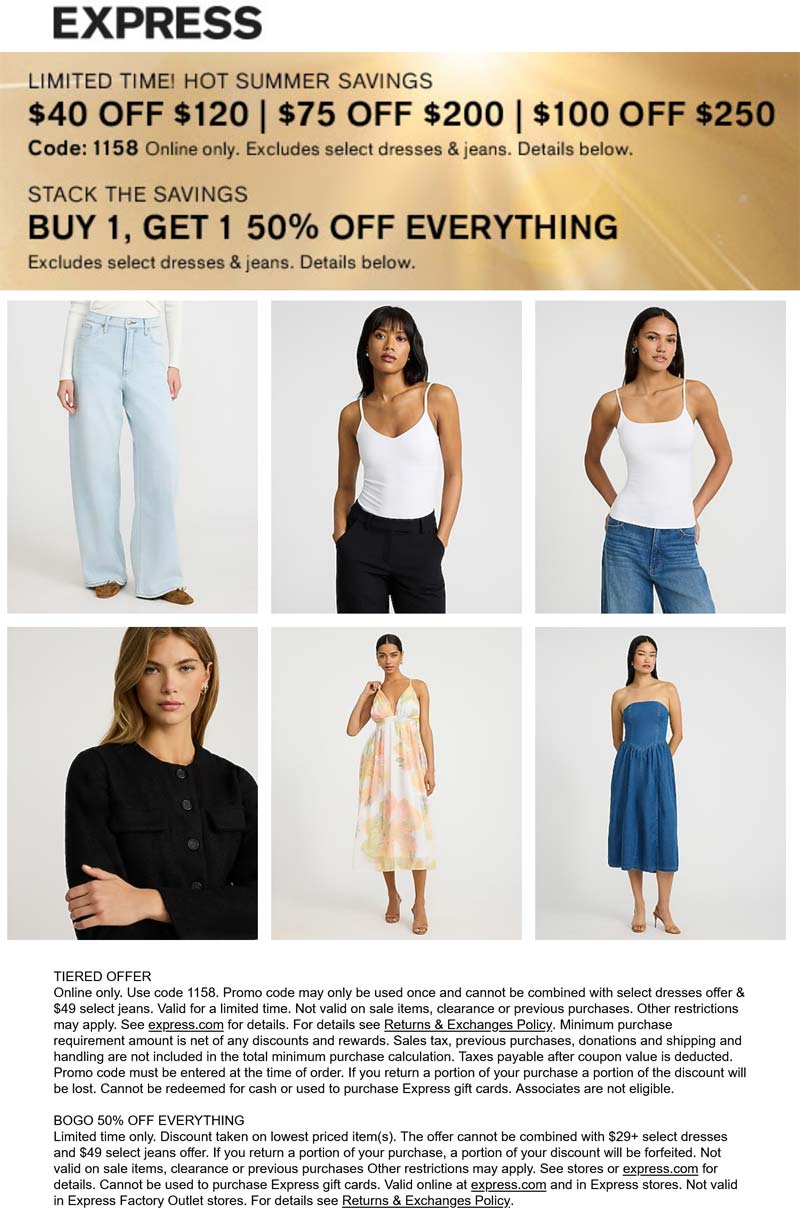 $40-$100 off $120+ & more at Express via promo code 1158 deal at Express