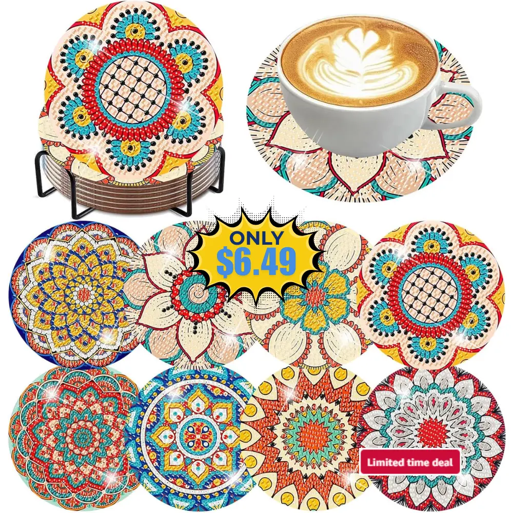 8 Pcs Mandala Diamond Art Coasters Kit Deal: Save 50%