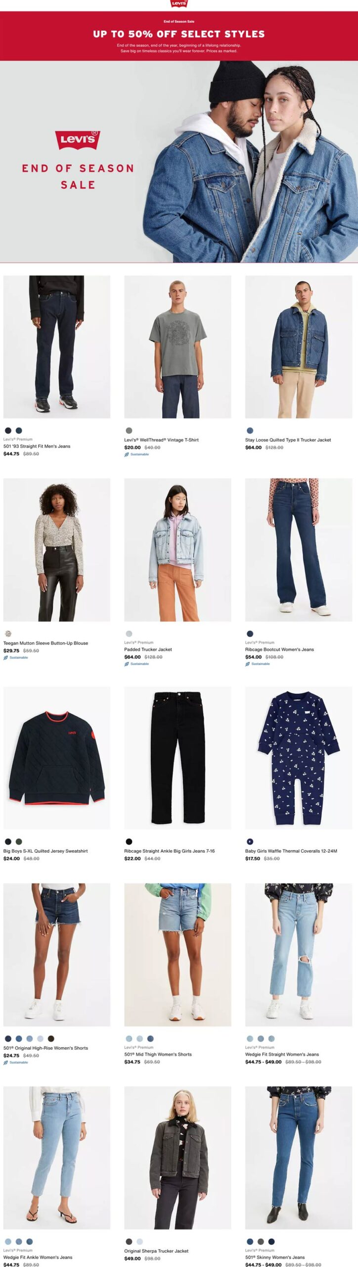 Levi’s closeout sale, up to 75% off. Deal at Levi