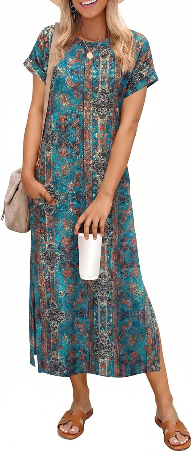 Wenrine Womens Summer Floral Maxi Dress Short Sleeve Casual deal at Amazon