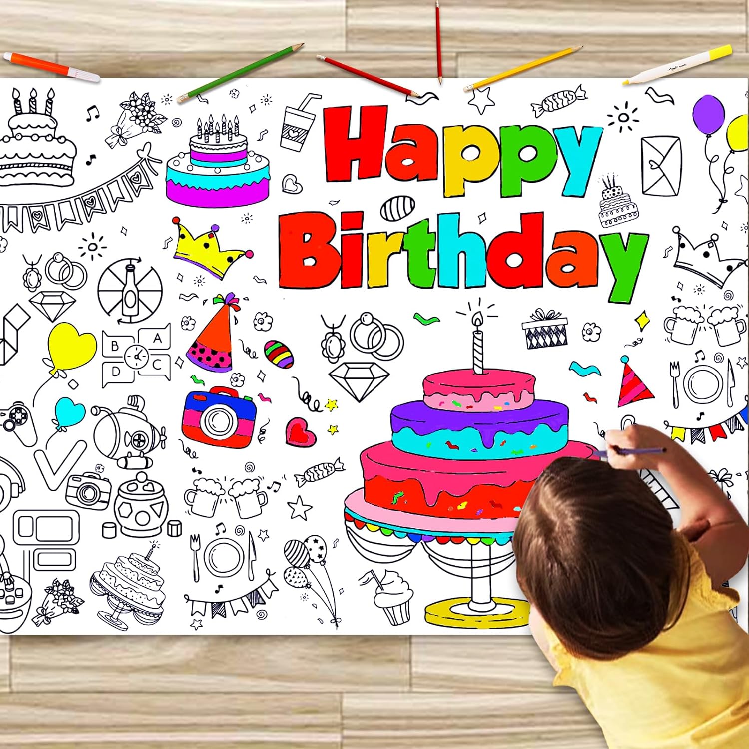 JUNQIU Happy Birthday Coloring Tablecloth, 72 * 31Inch Giant deal at Amazon