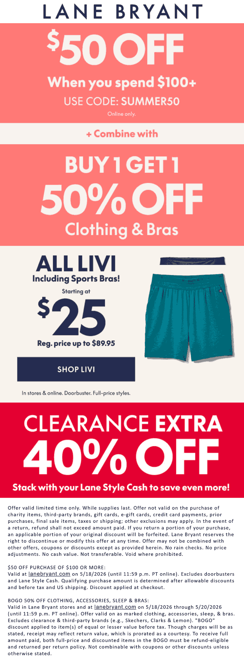 $50 off $100 today at Lane Bryant via promo code SUMMER50