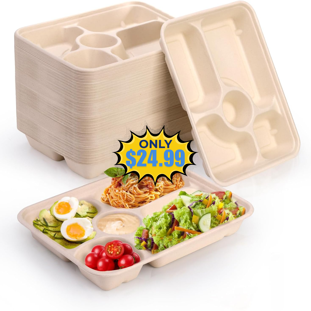Eorbow 50 Pack 5 Compartment Paper Plates Deal