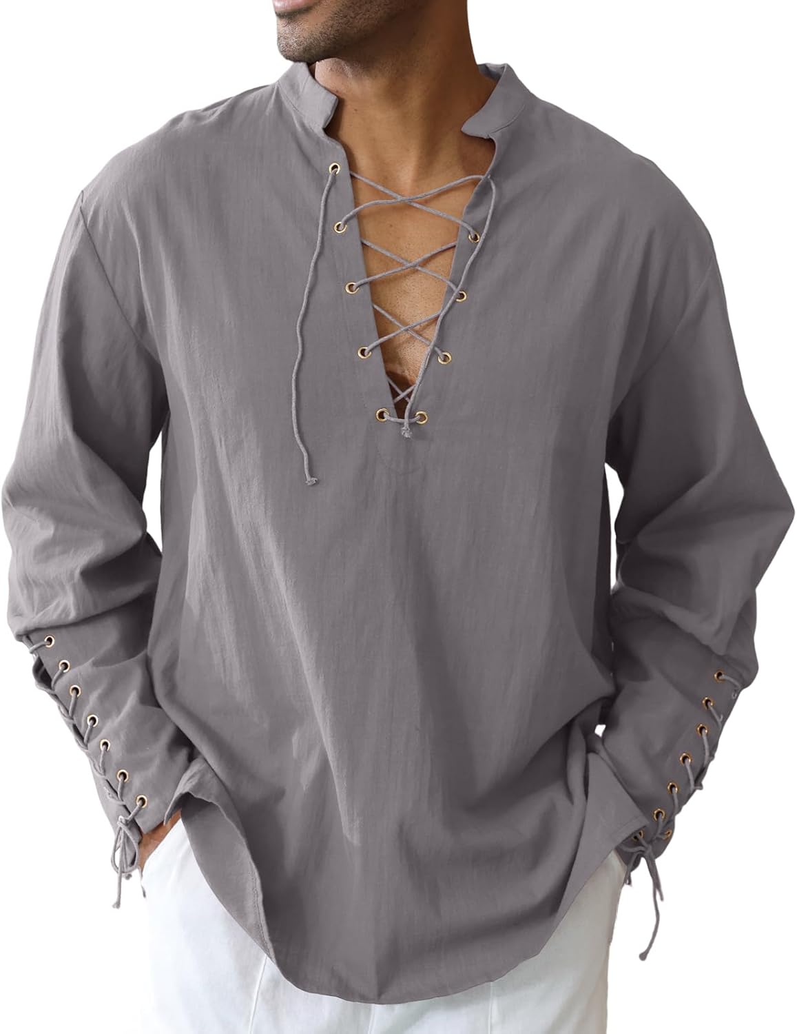 Men's Cotton Linen Shirt Drawstring Arm Banded Tops Medieval deal at Amazon