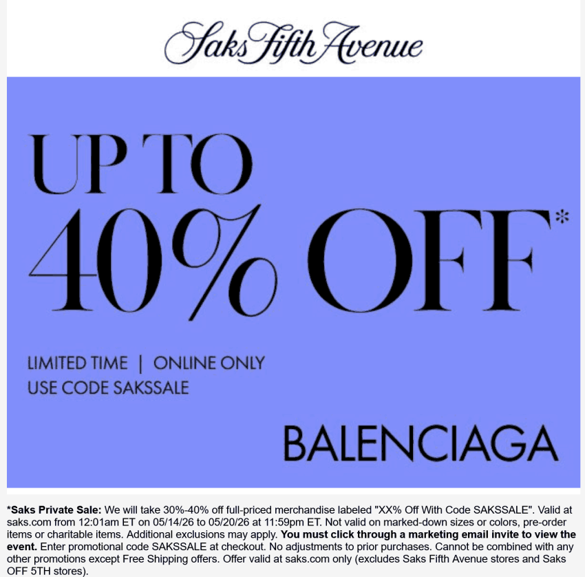 30-40% off designer styles online deal at Saks Fifth Avenue