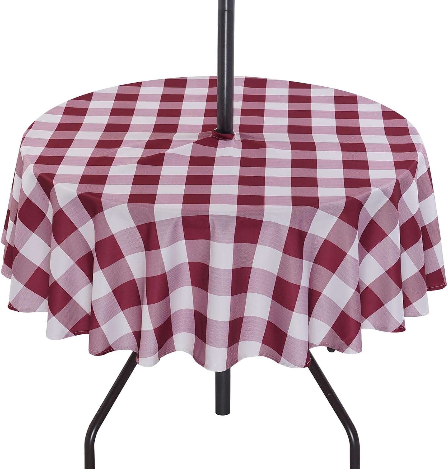 SquarePie 60-Inch Round Outdoor Tablecloth in Burgundy Red Checkered Pattern on Amazon