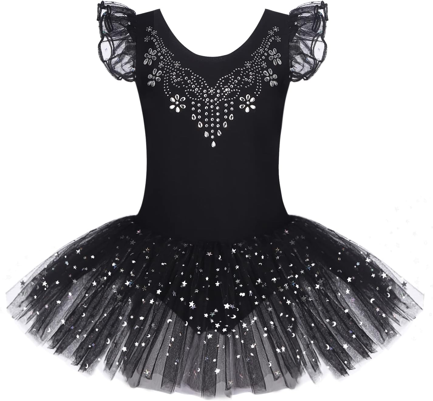 Zaclotre Kid Girls Ruffle Sleeve Ballet Skirted Leotard Shiny Dance Tutu Dresses Black 3-4 Years on 