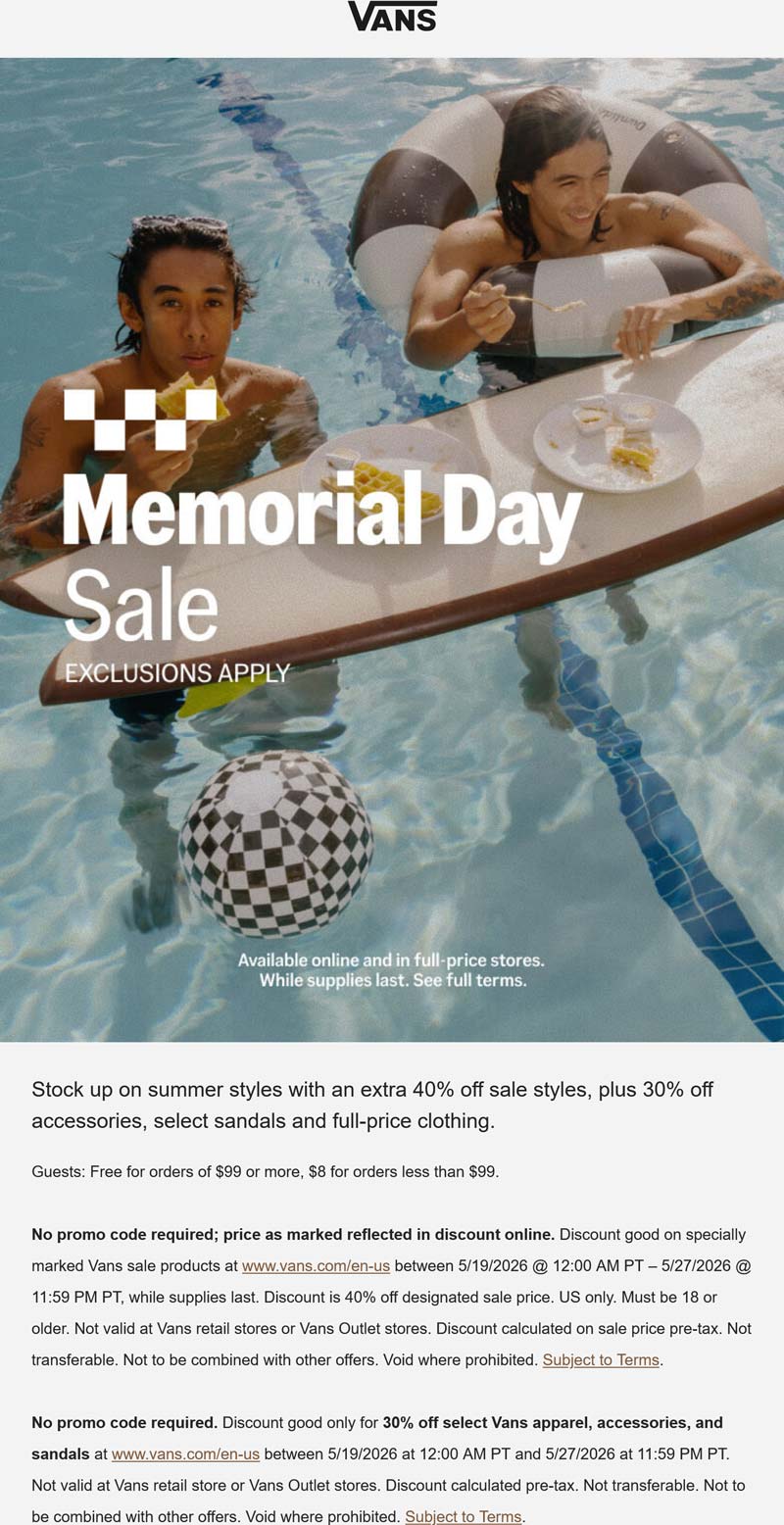Vans website showcasing sale items with 40% off banner