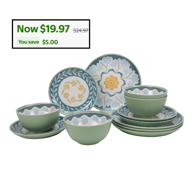 12 Piece Green Floral Dinnerware Set Deal: Save $5 at Walmart