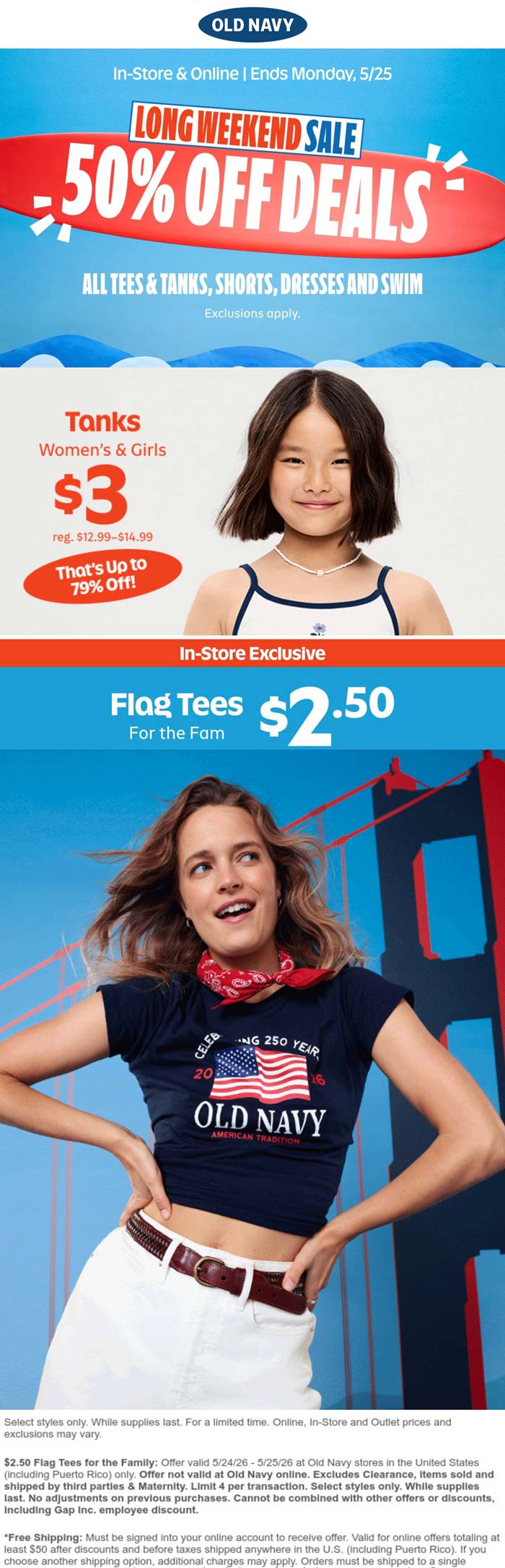 50% off shirts shorts dresses & swim today at Old Navy, ditto online