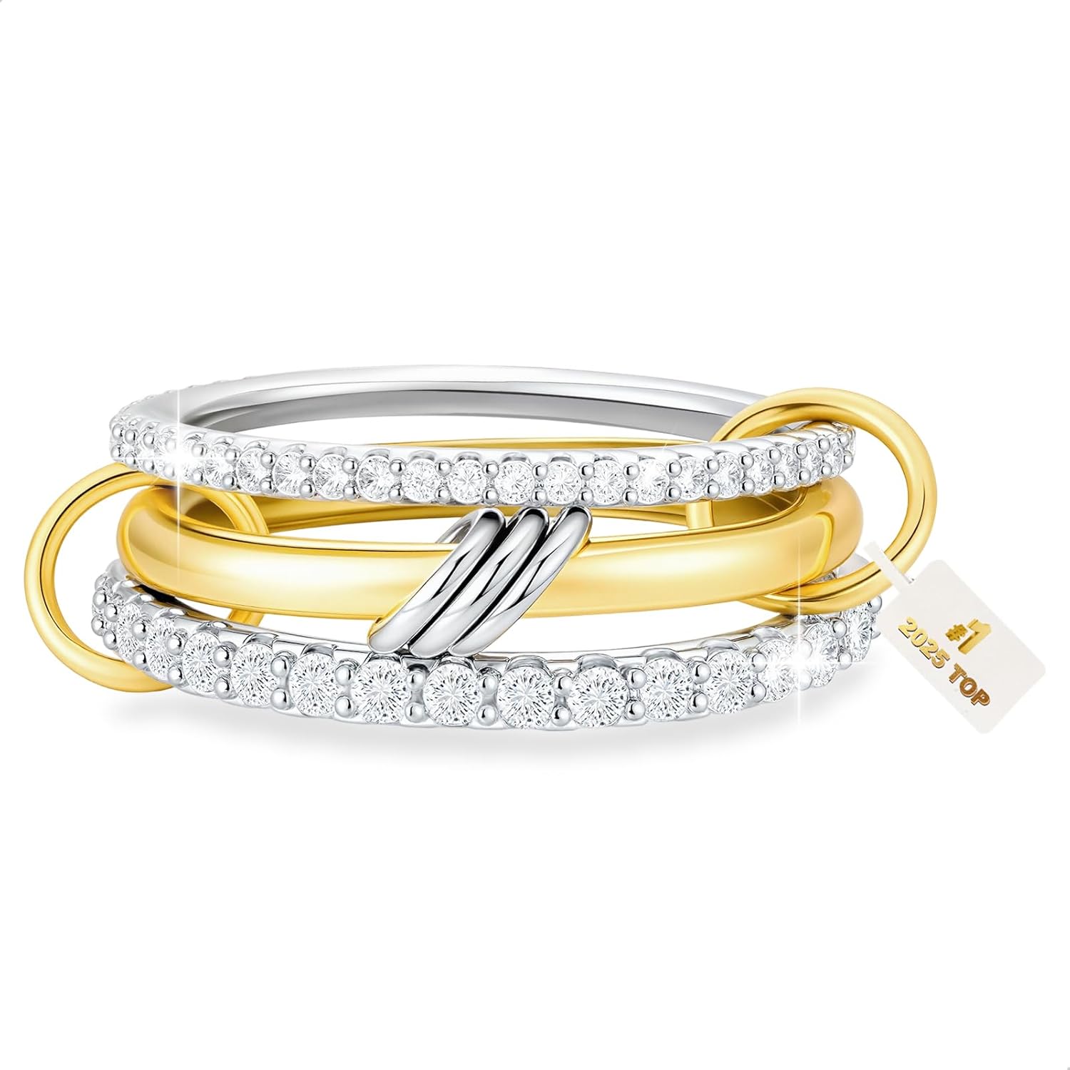 Umini 18K gold and silver stackable rings with cubic zirconia on a white background at Amazon