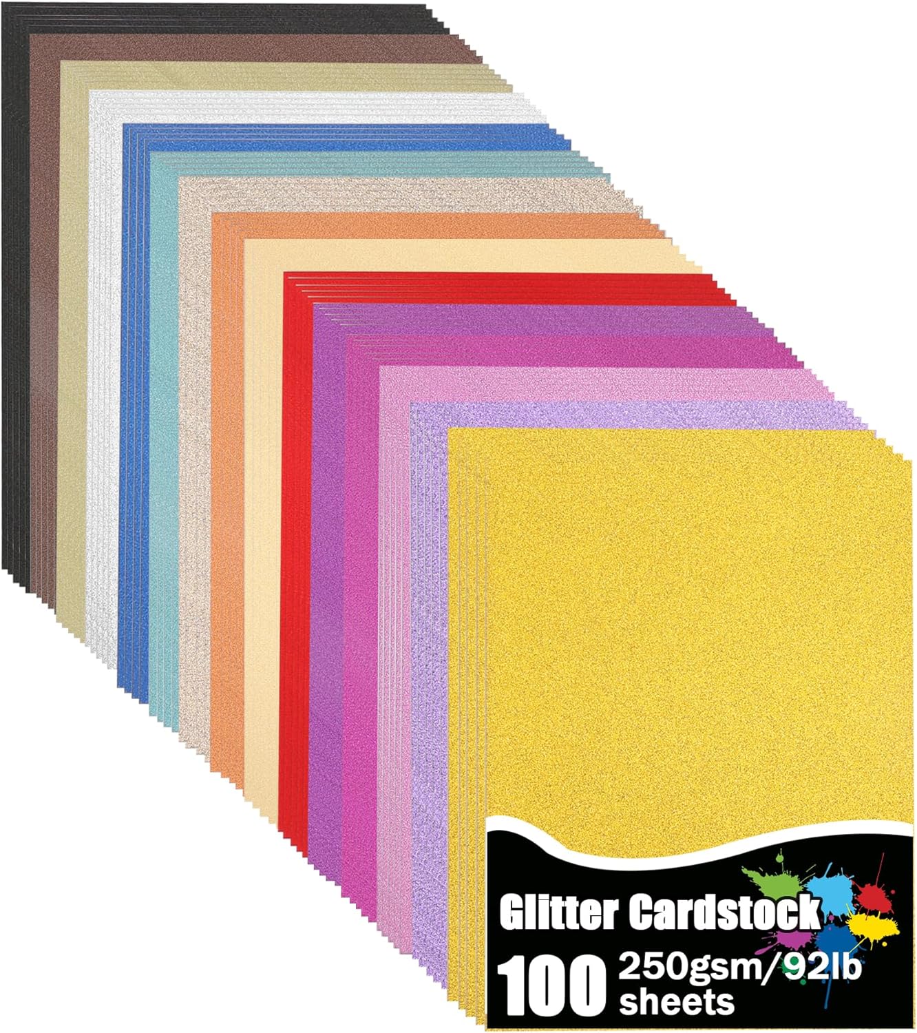 100 sheets of 15-color glitter cardstock 8.3x11.7 inches on Amazon