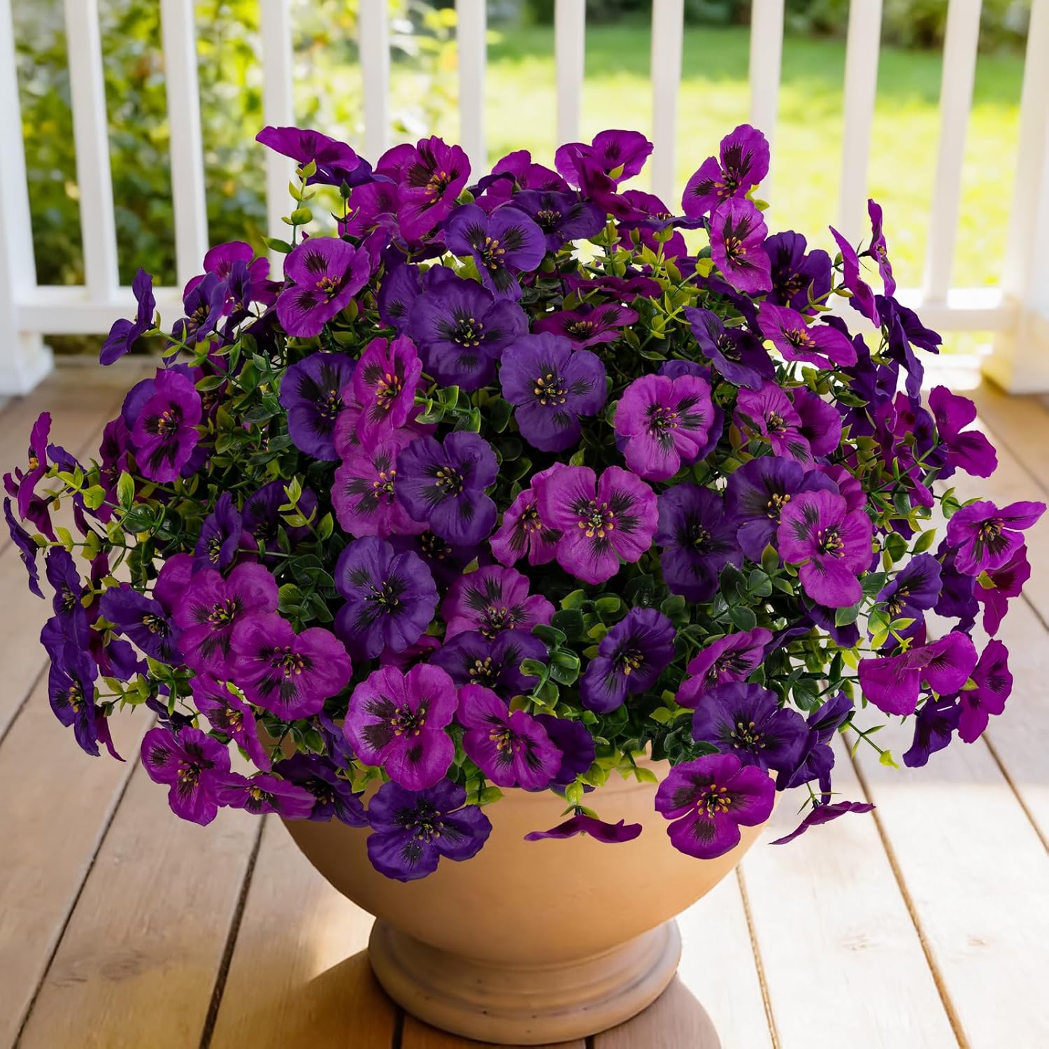 StyleNest 12 Piece Outdoor Artificial Flowers Fake Pansies in Purplish Red on Amazon