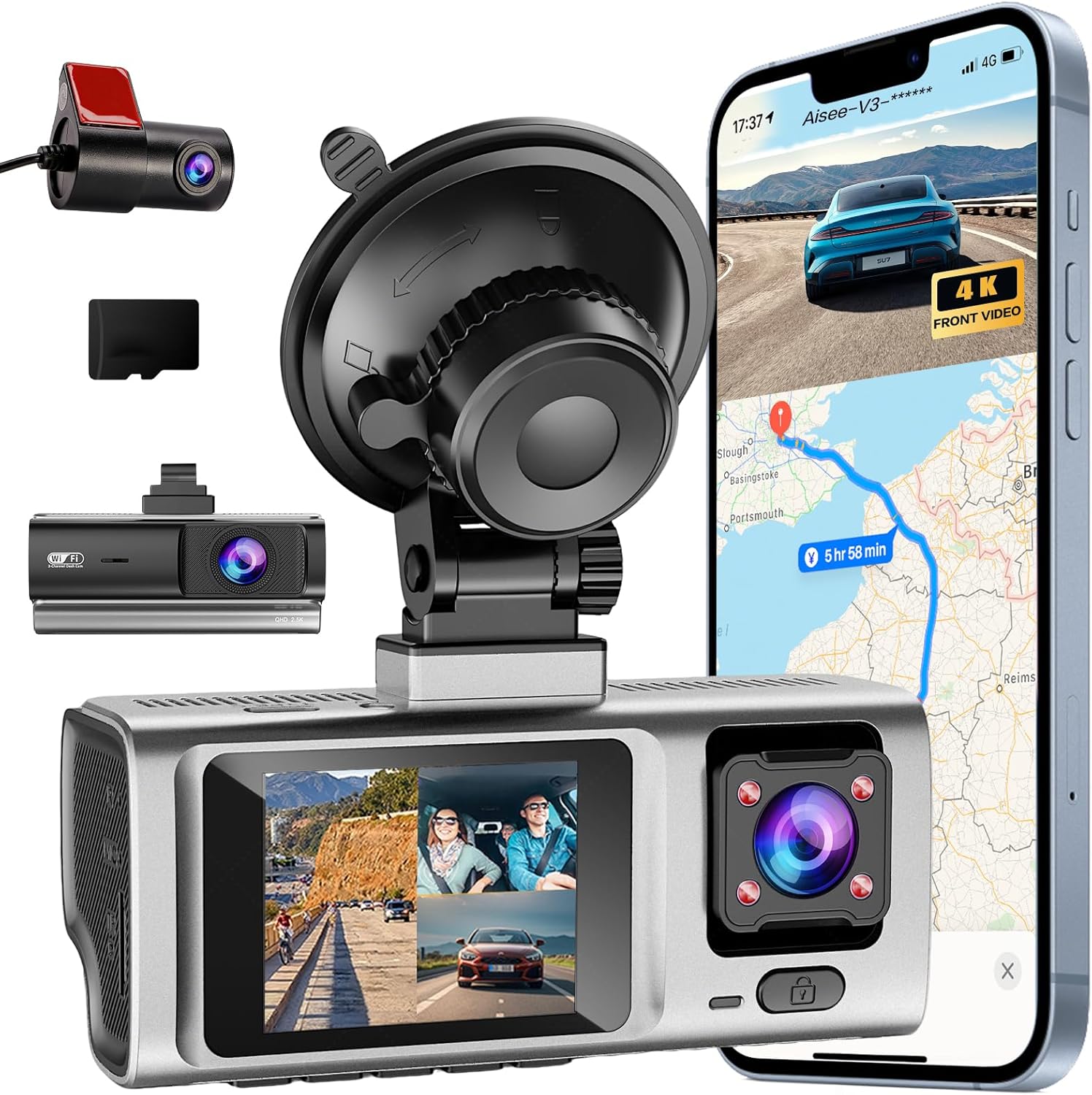 3-Channel Dash Cam with front and rear cameras on Amazon