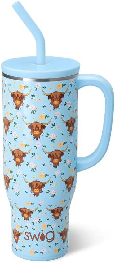 Swig Life 30oz Mega Mug on Amazon. Stainless steel insulated tumbler with handle and straw.