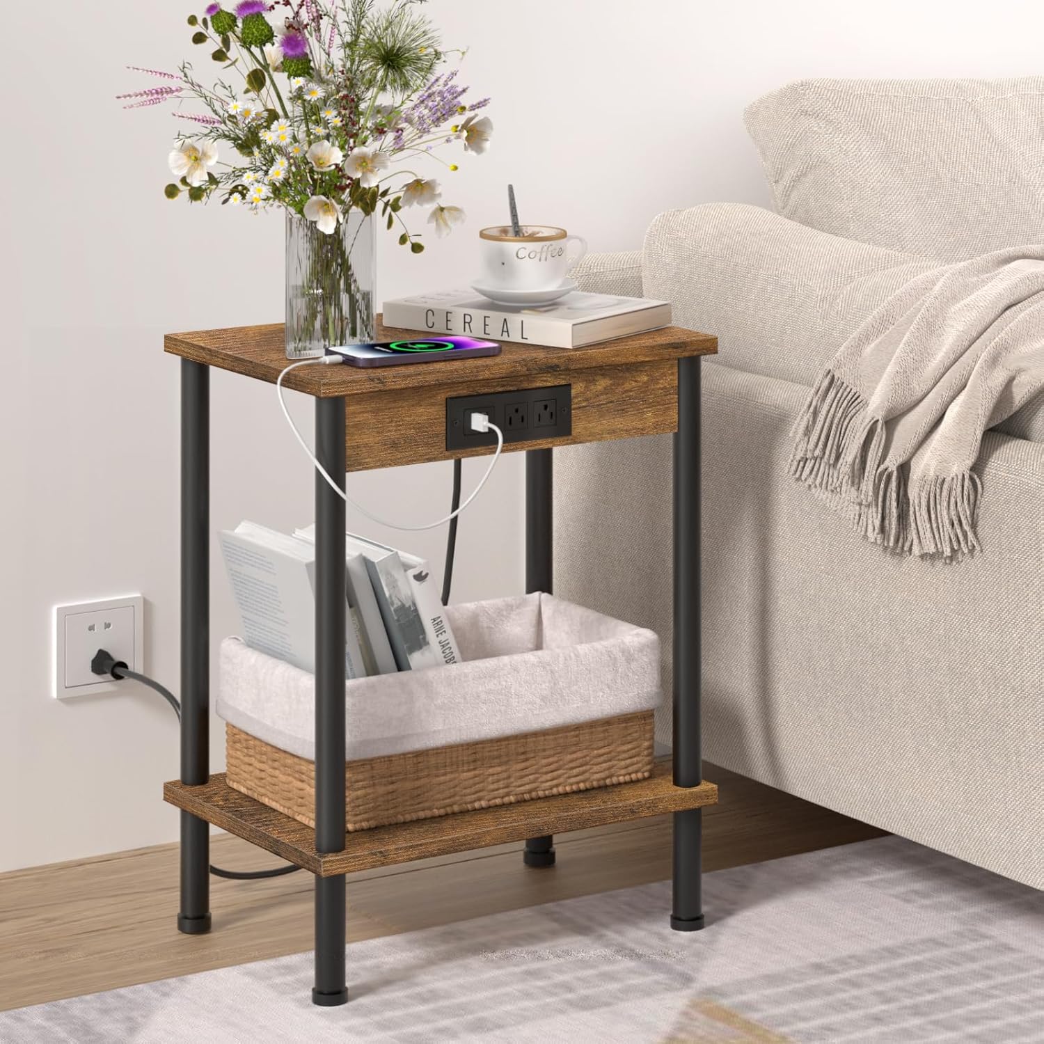 $14.99 End Table with Charging Station and Storage Shelf at deal at Amazon