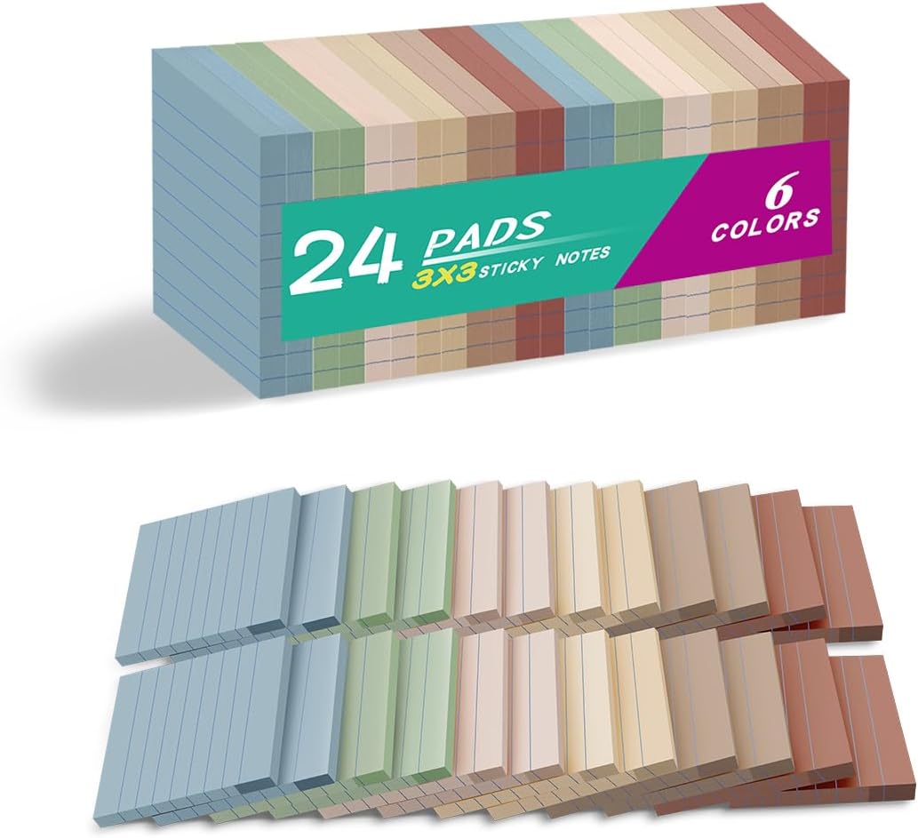 24-pack lined sticky notes 3x3 inches with super sticking power on Amazon