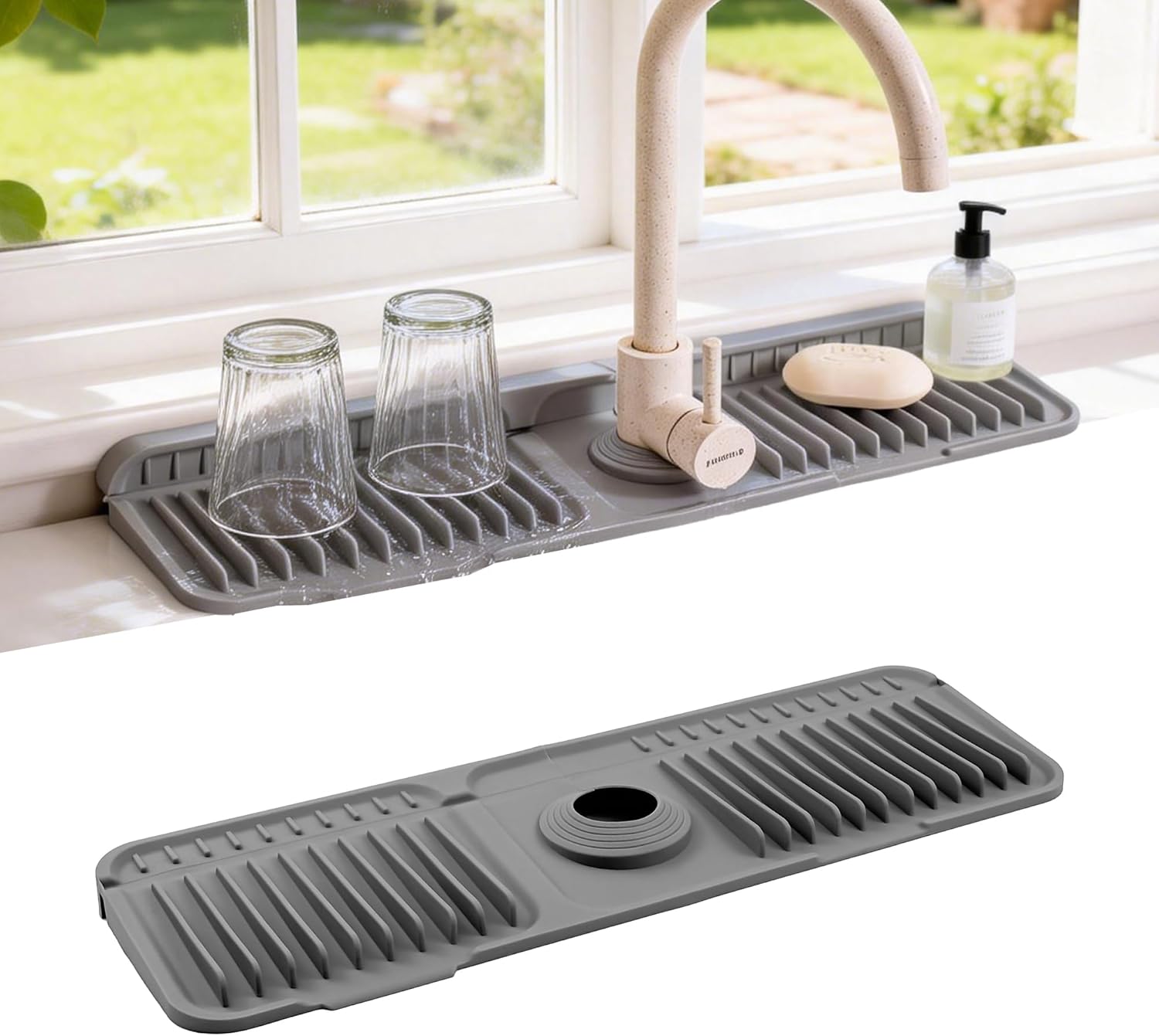 ZJWZLG Faucet Mat on Amazon, grey silicone kitchen sink splash guard with fast drain design