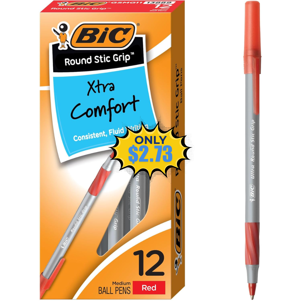 BIC Round Stic Grip Red Ballpoint Pens Deal: Save 28%
